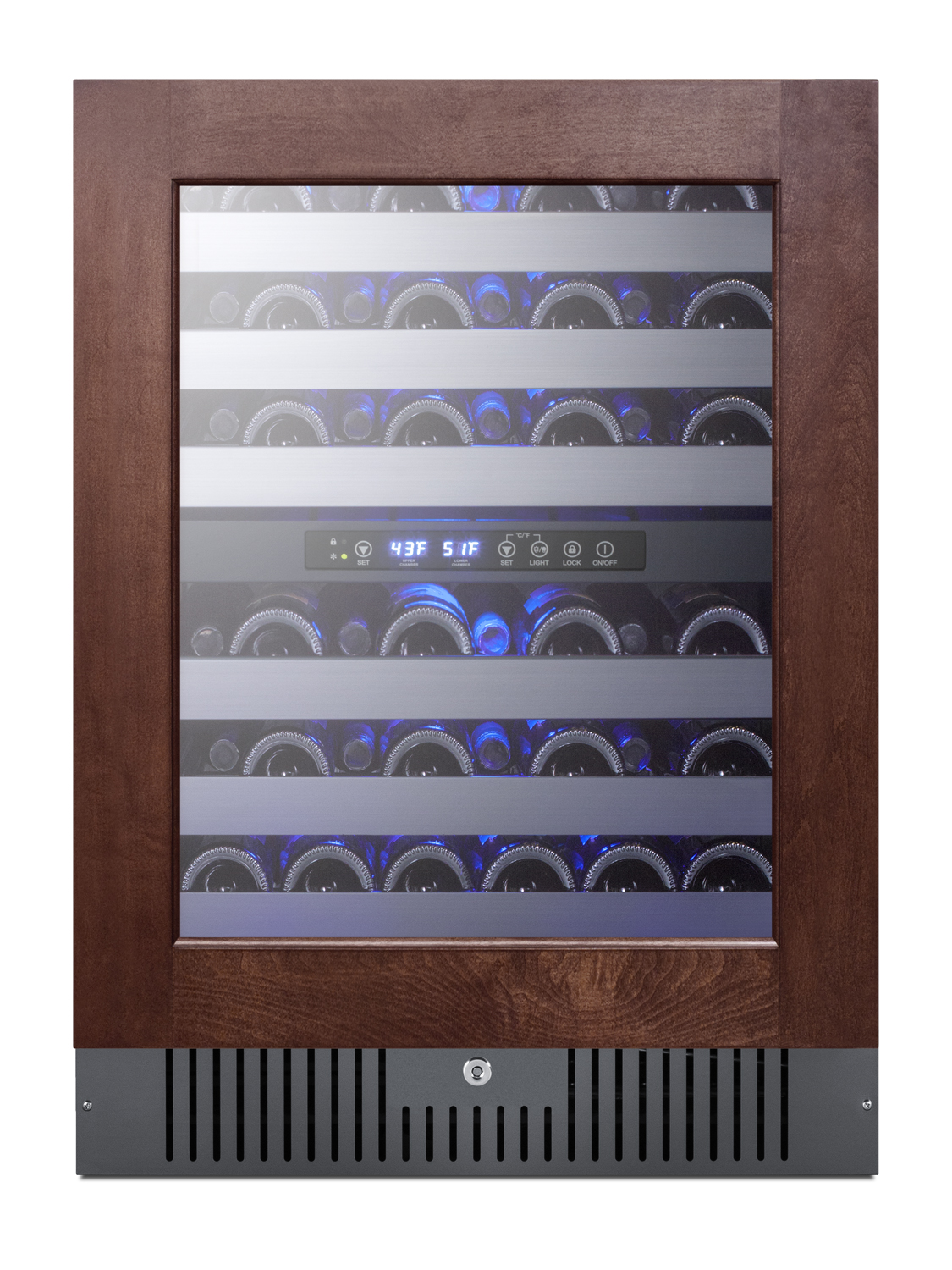 Dual zone built-in wine cellar designed for the display and refrigeration of beverages, with digital thermostat, panel-ready glass door, and black cabinet